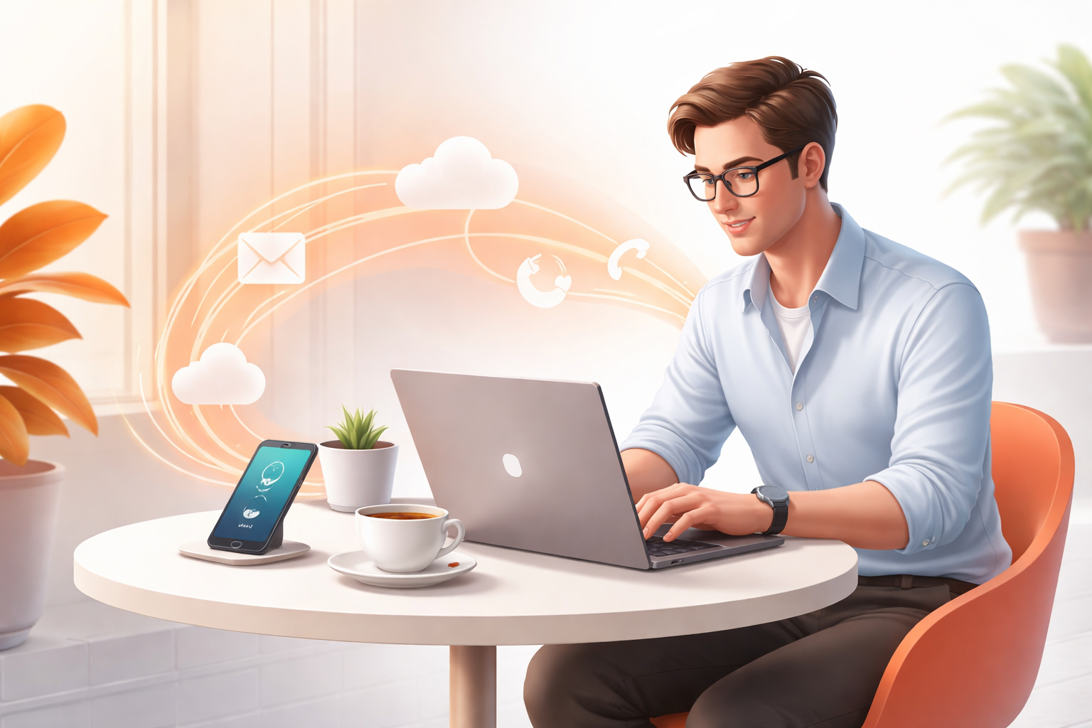 Professional working remotely from a laptop and smartphone